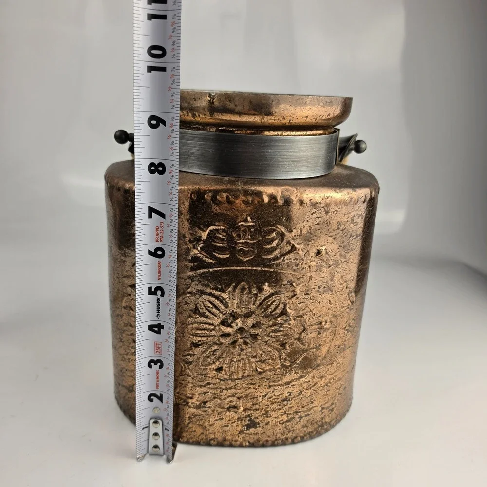 Large Embossed Copper‎ Painted Glass Candle Holder Jar Rope Handle Boho Decor